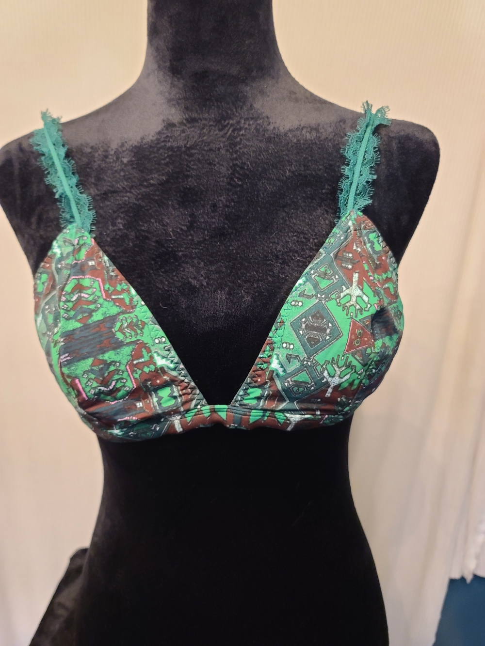 Green Patterned Triangle Bralette with Teal Lace Straps